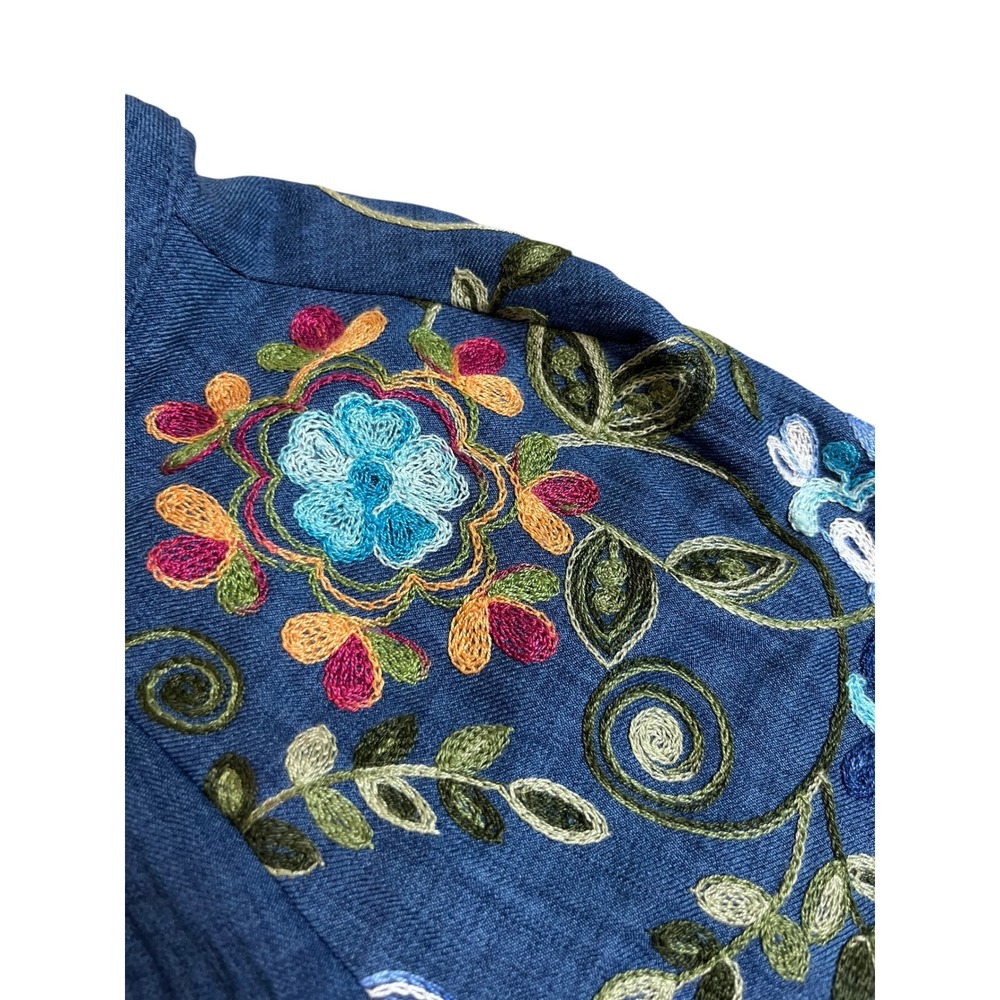 Olivia & Martin Womens 1X Blue Embroidered Floral Sequin Peasant Blouse Tie Neck - Picture 5 of 7